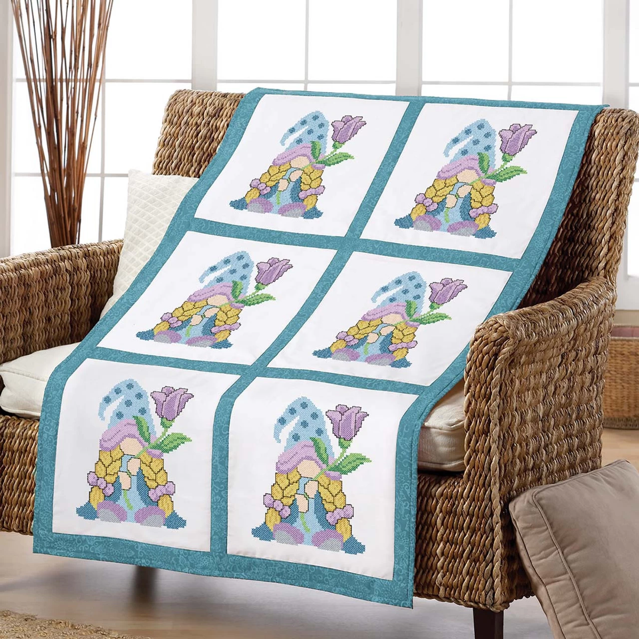 Herrschners Floral Gnome Quilt Blocks Stamped Cross-Stitch 2 Herrschners Floral Gnome Quilt Blocks Stamped Cross-Stitch - Image 2