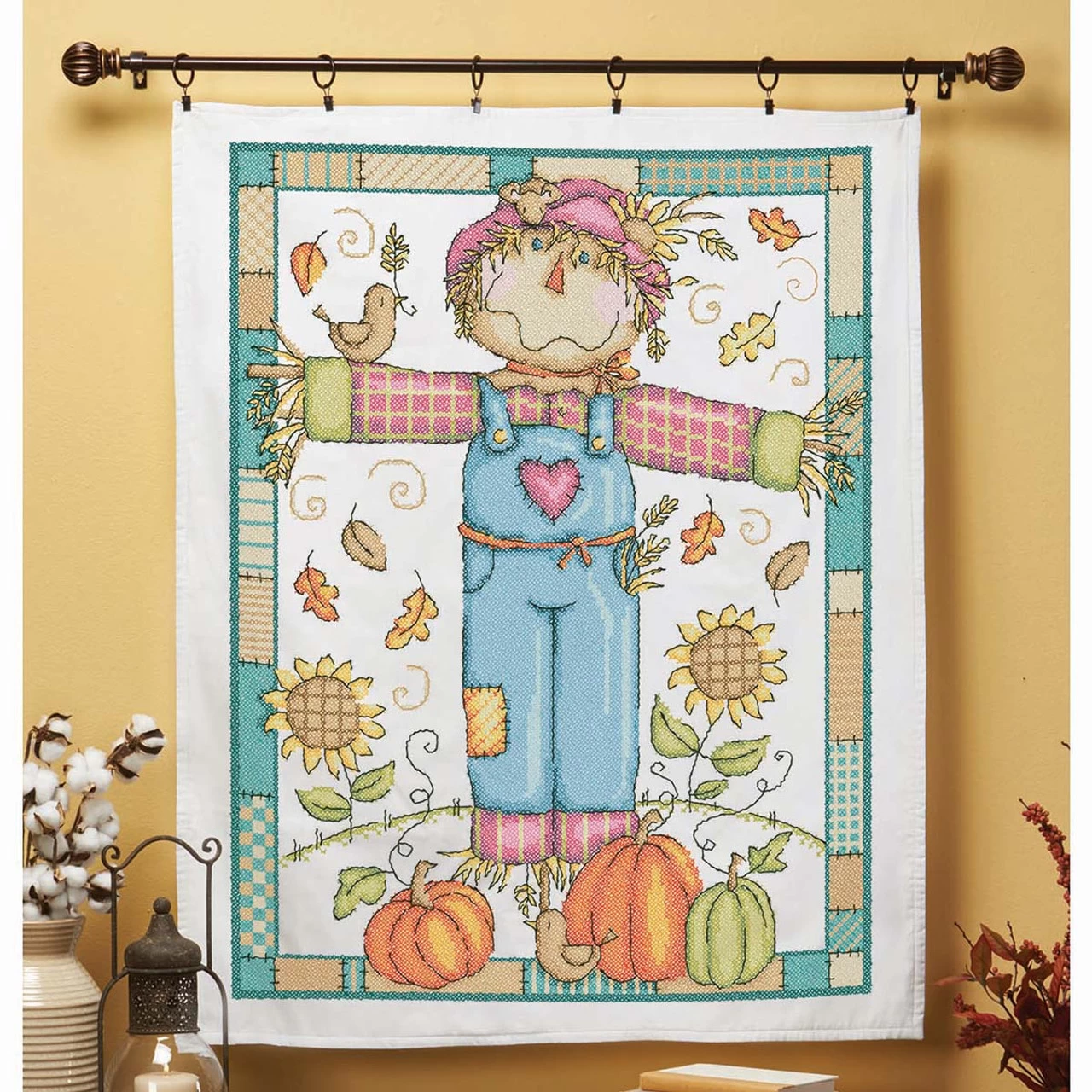 Herrschners Happy Scarecrow Lap Quilt Top Stamped Cross-Stitch Kit 1 Herrschners Happy Scarecrow Lap Quilt Top Stamped Cross-Stitch Kit