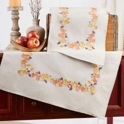 Nob Hill Autumn Leaves Table Topper & Runner Set Stamped Embroidery