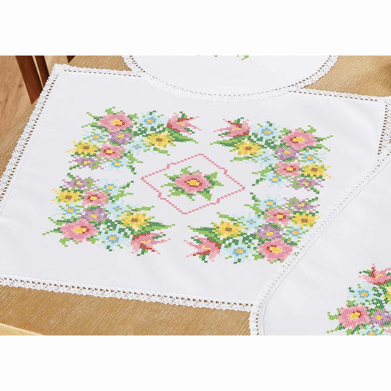 Herrschners Charming Garden Table Topper Stamped Cross-Stitch 1 Herrschners Charming Garden Table Topper Stamped Cross-Stitch
