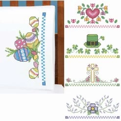 Herrschners Spring Holiday Collection Pillowcase Set Stamped Cross-Stitch