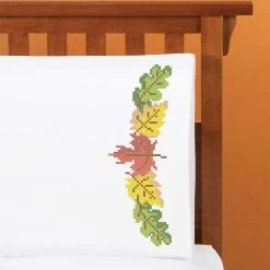 Herrschners Autumn Leaves Pillowcase Pair Stamped Cross-Stitch