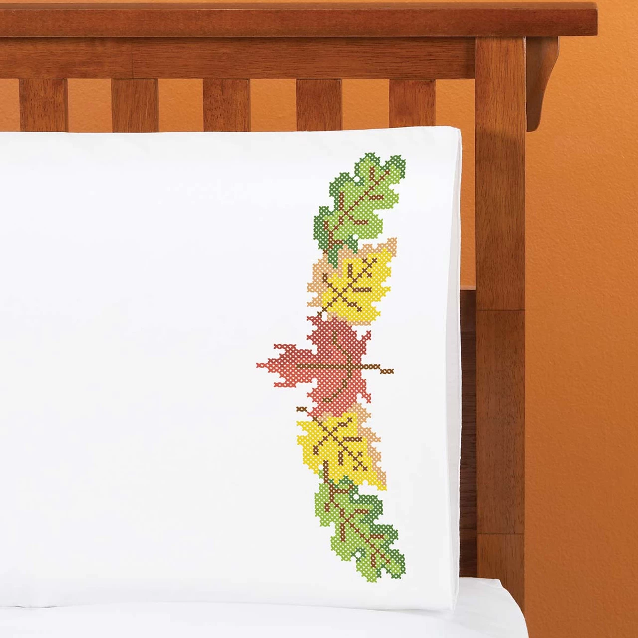Herrschners Autumn Leaves Pillowcase Pair Stamped Cross-Stitch 1 Herrschners Autumn Leaves Pillowcase Pair Stamped Cross-Stitch