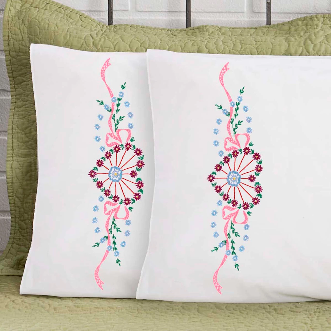 Herrschners Josephine Pillowcase Pair Stamped Embroidery 1 Herrschners Josephine Pillowcase Pair Stamped Embroidery