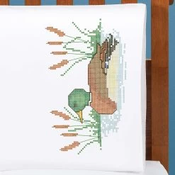 Herrschners Woodland Mallard Pillowcase Pair Stamped Cross-Stitch