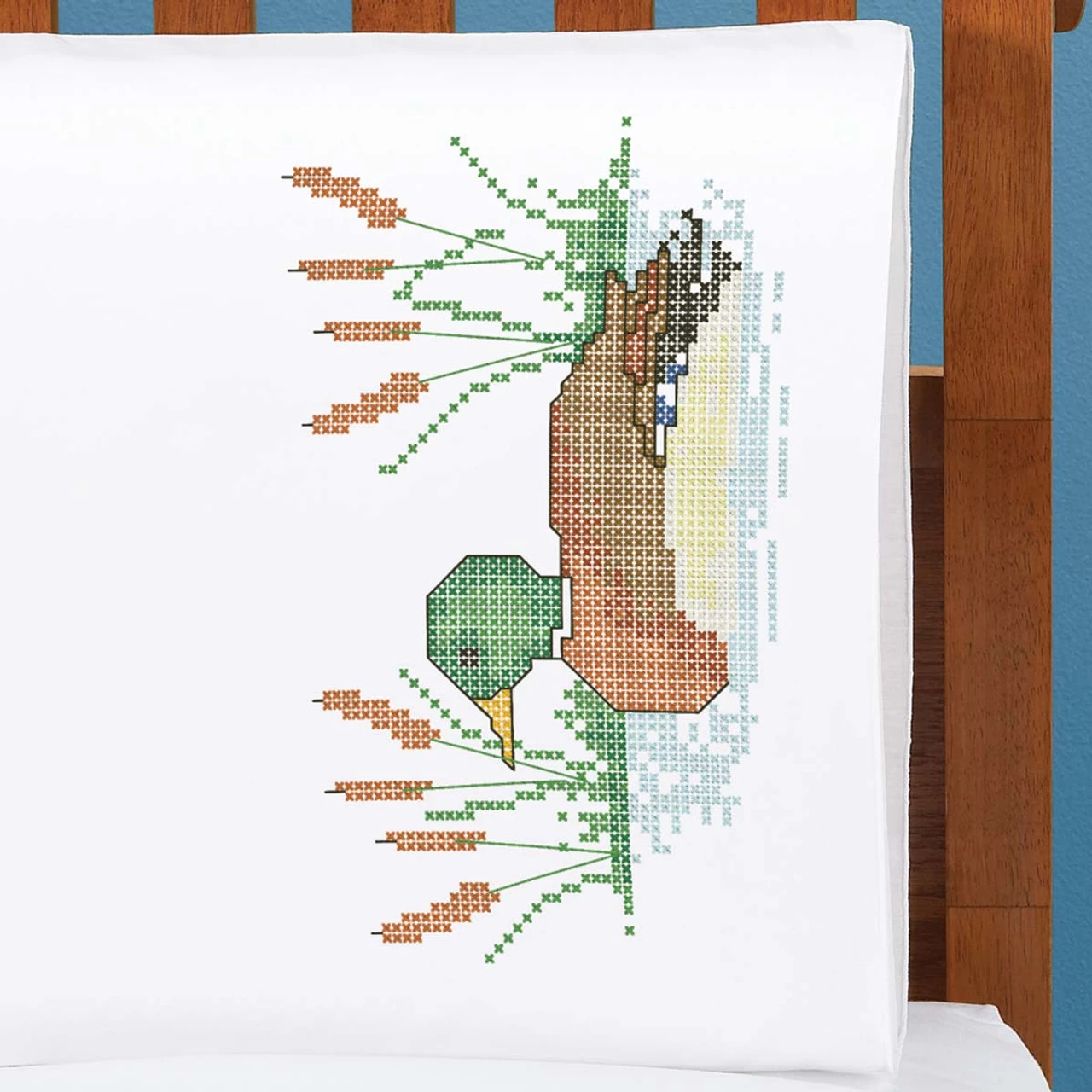 Herrschners Woodland Mallard Pillowcase Pair Stamped Cross-Stitch 1 Herrschners Woodland Mallard Pillowcase Pair Stamped Cross-Stitch