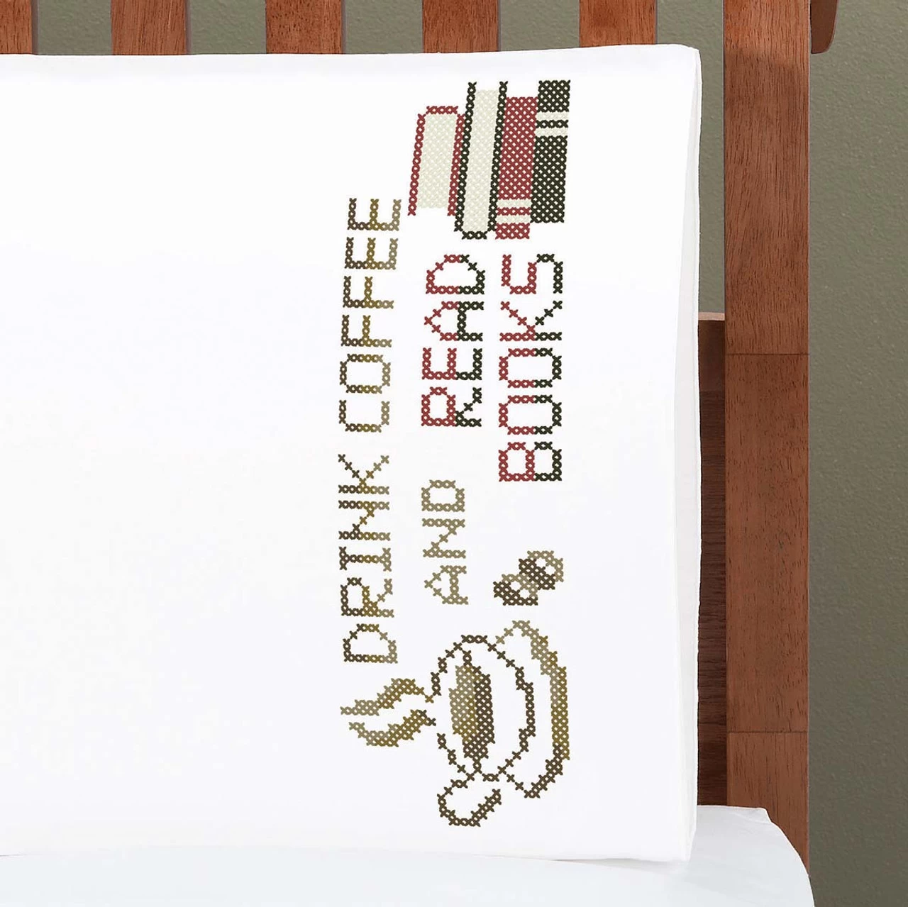 Herrschners Drink Coffee, Read Books Pillowcase Pair Stamped Cross-Stitch 1 Herrschners Drink Coffee, Read Books Pillowcase Pair Stamped Cross-Stitch