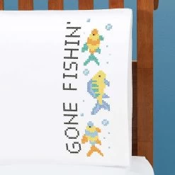 Herrschners Gone Fishin Pillowcase Pair Stamped Cross-Stitch