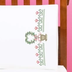 Herrschners Lovely Topiary Pillowcase Pair Stamped Cross-Stitch