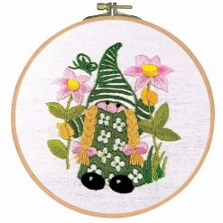 Craftways Green Gnome Flower Girl Hoop Stamped Embroidery Kit