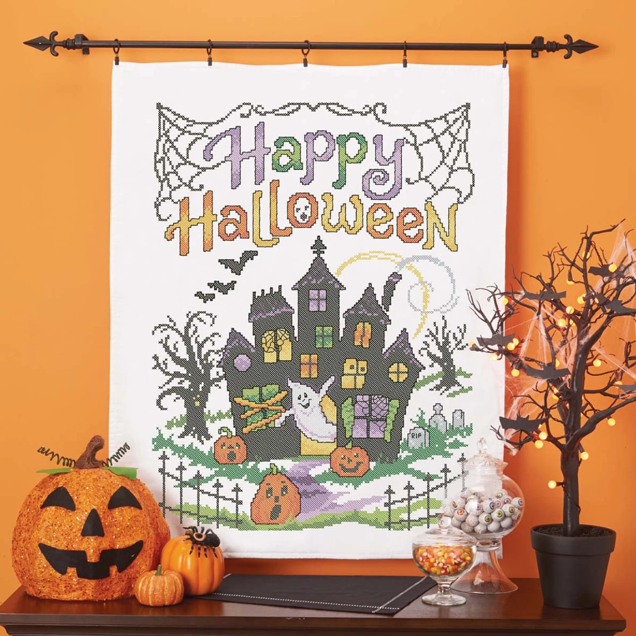Herrschners Happy Halloween Lap Quilt Top Stamped Cross-Stitch Kit 1 Herrschners Happy Halloween Lap Quilt Top Stamped Cross-Stitch Kit