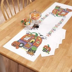 Herrschners Pumpkin Camper Table Runner & Napkins Stamped Cross-Stitch