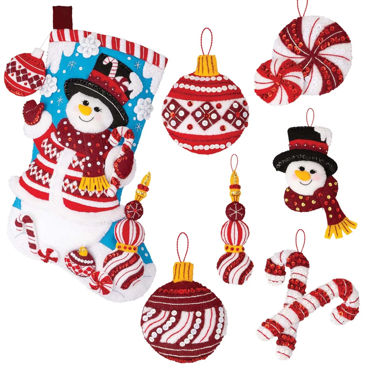 Bucilla Peppermint Snowman, Set Of 2 Felt & Sequin Kit 1 Bucilla Peppermint Snowman, Set Of 2 Felt & Sequin Kit