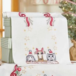 Herrschners Furry Friends Christmas Table Runner Stamped Embroidery Kit