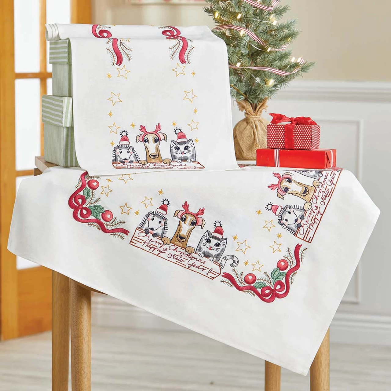 Herrschners Furry Friends Christmas Table Topper & Runner Stamped Embroidery Kit 1 Herrschners Furry Friends Christmas Table Topper & Runner Stamped Embroidery Kit