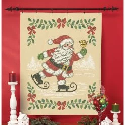 Herrschners Santa On Skates Lap Quilt Top Stamped Cross-Stitch Kit