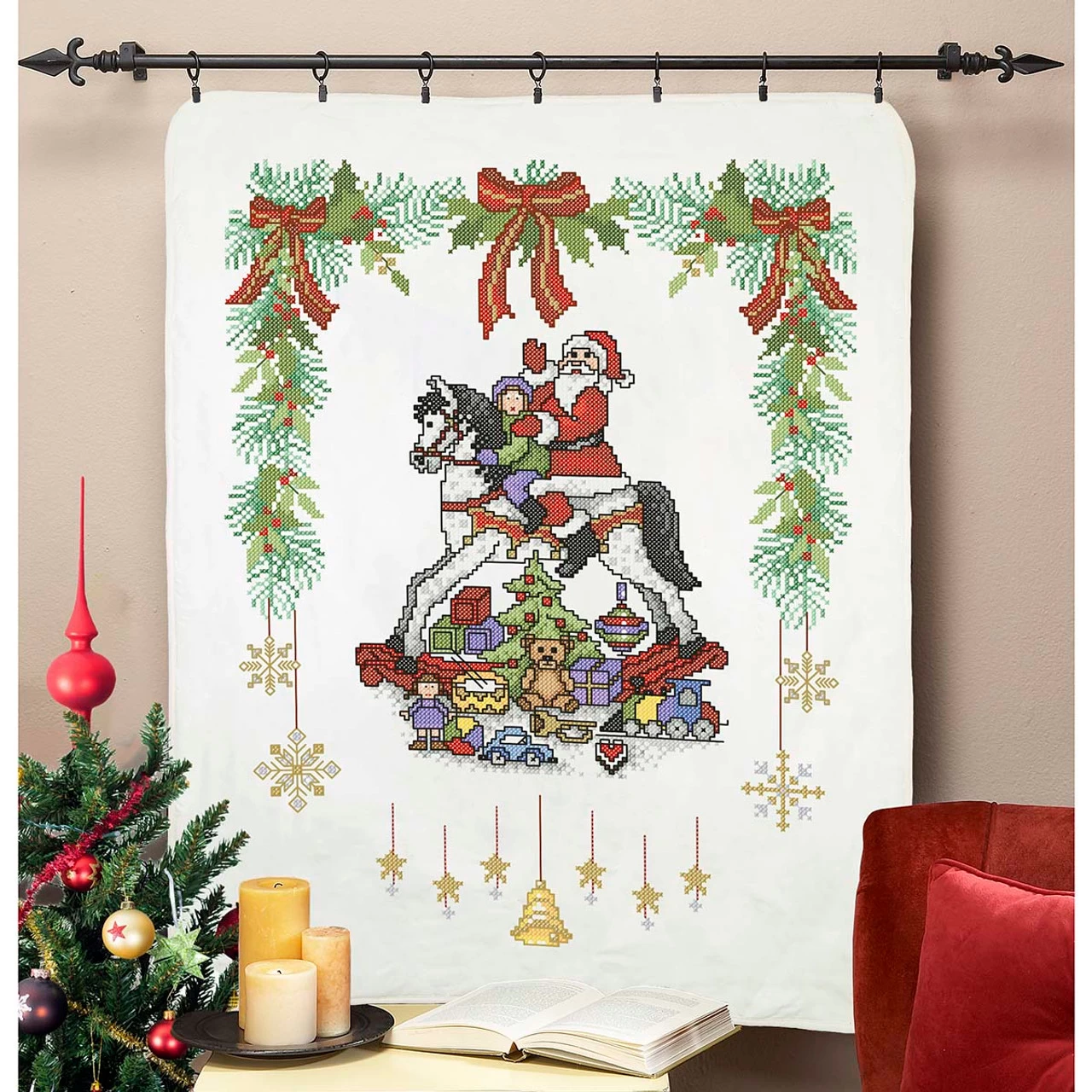 Herrschners Santa On Rocking Horse Lap Quilt Stamped Cross-Stitch Kit 1 Herrschners Santa On Rocking Horse Lap Quilt Stamped Cross-Stitch Kit